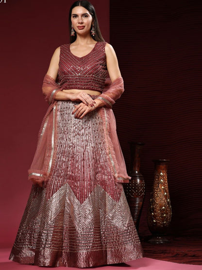 Mirror Coding Organza Lehenga in maroon