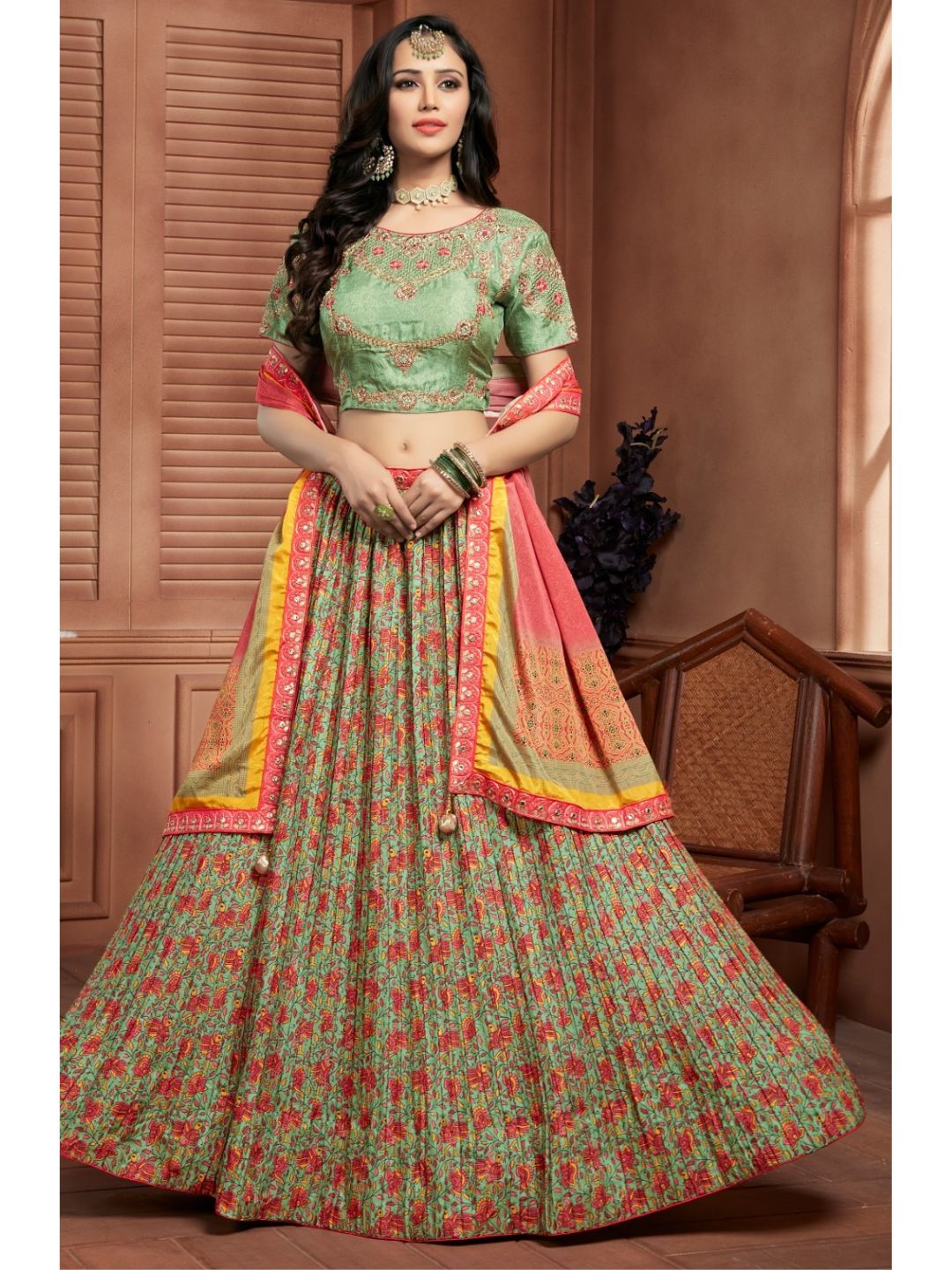 Digital Printed Chinon Chiffon Lehenga in Light Green