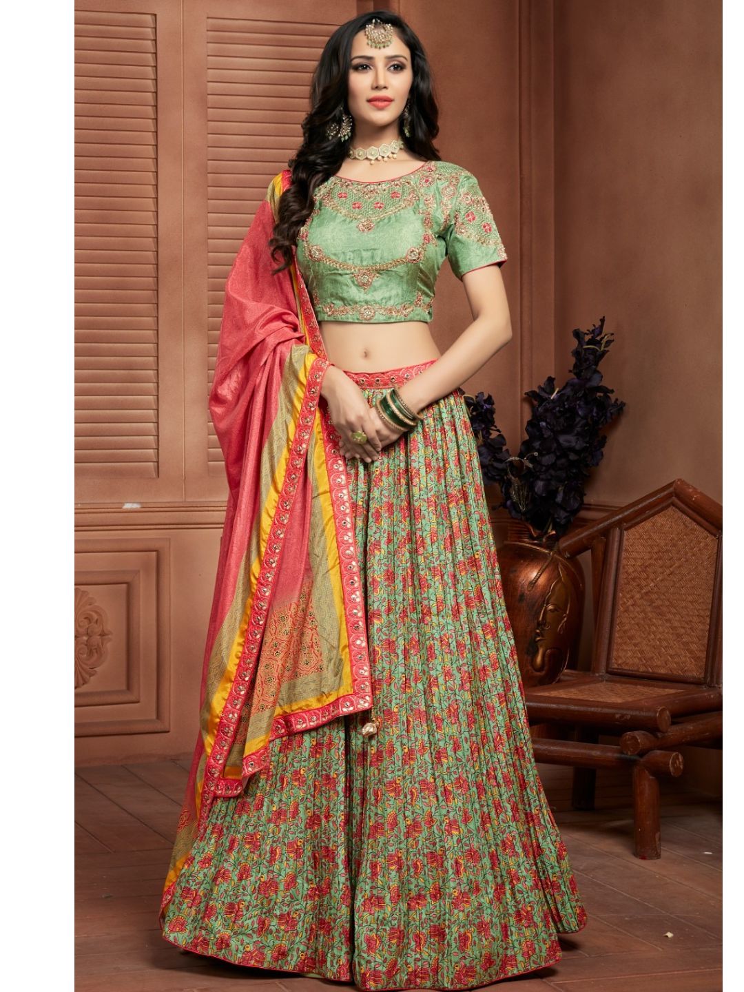 Digital Printed Chinon Chiffon Lehenga in Light Green