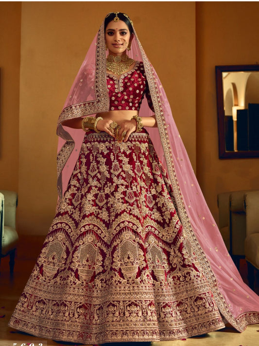 Embroidered Velvet Indian Bridal Lehenga in Maroon