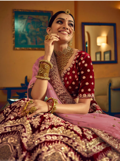 Embroidered Velvet Indian Bridal Lehenga in Maroon