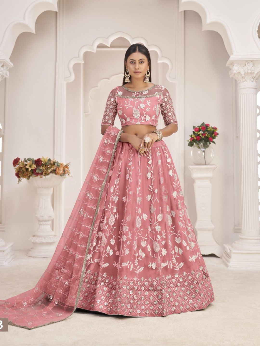 Embroidered Net Lehenga in Pink