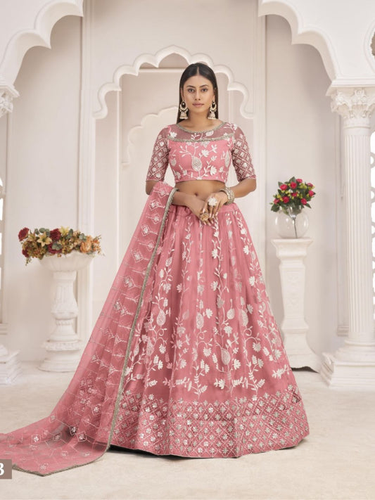 Embroidered Net Lehenga in Pink