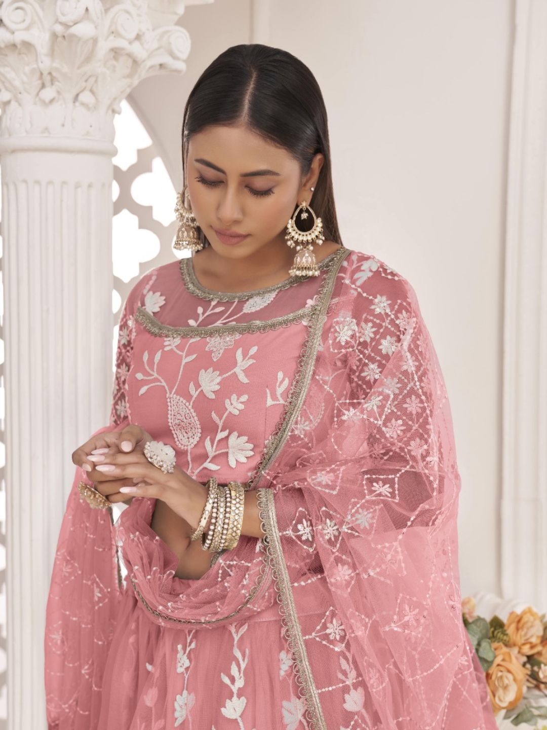 Embroidered Net Lehenga in Pink