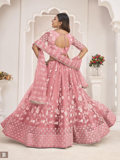 Embroidered Net Lehenga in Pink