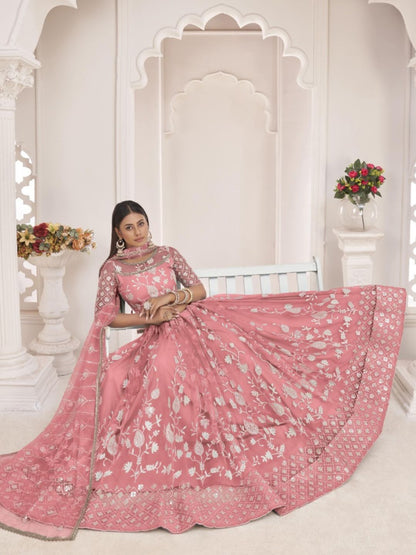 Embroidered Net Lehenga in Pink