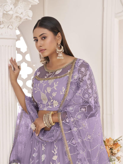 Embroidered Net Lehenga in Purple