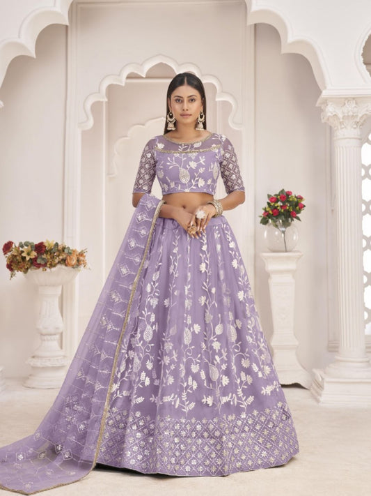 Embroidered Net Lehenga in Purple