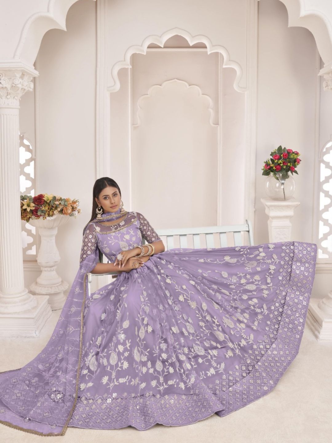 Embroidered Net Lehenga in Purple