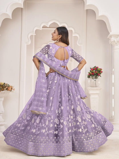 Embroidered Net Lehenga in Purple