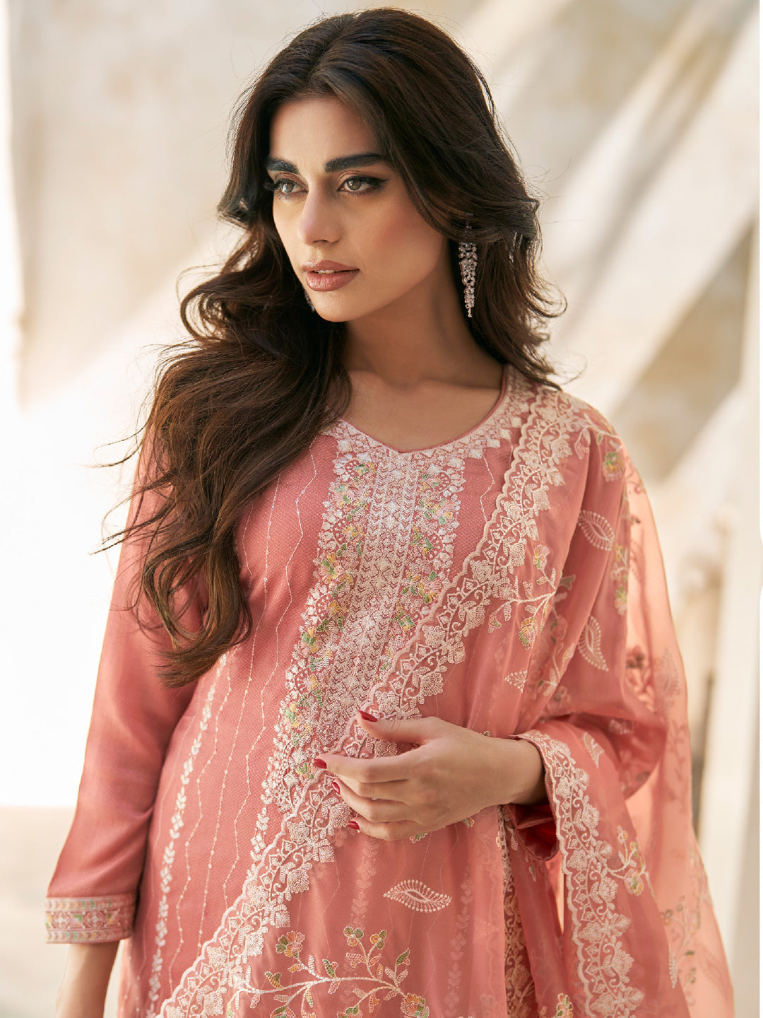 Embroidered Silk Salwar Kameez in Beige Color-81758