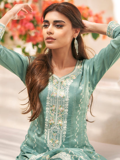 Embroidered Silk Salwar Kameez in Blue Color-81759