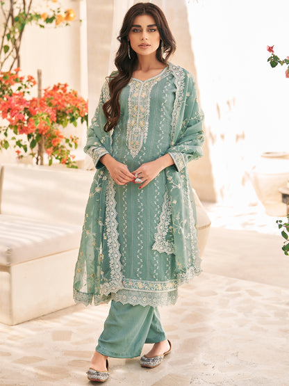 Embroidered Silk Salwar Kameez in Blue Color-81759