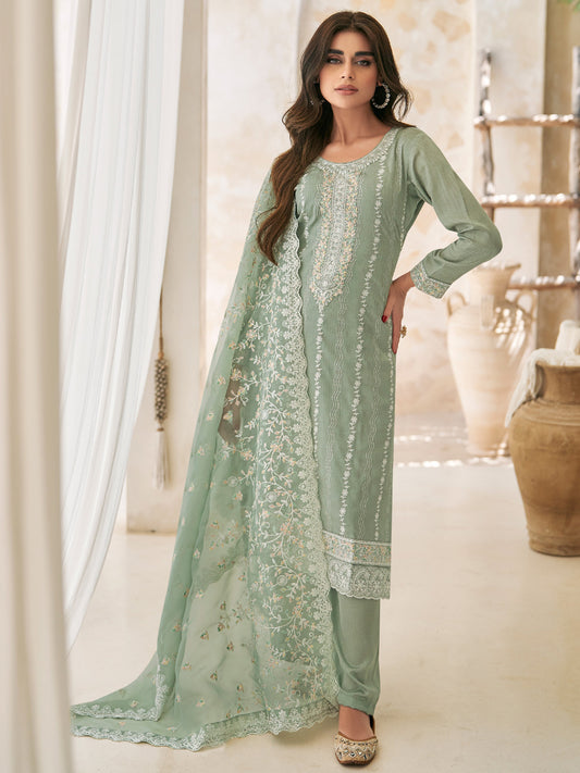 Embroidered Silk Salwar Kameez in Green Color-81762