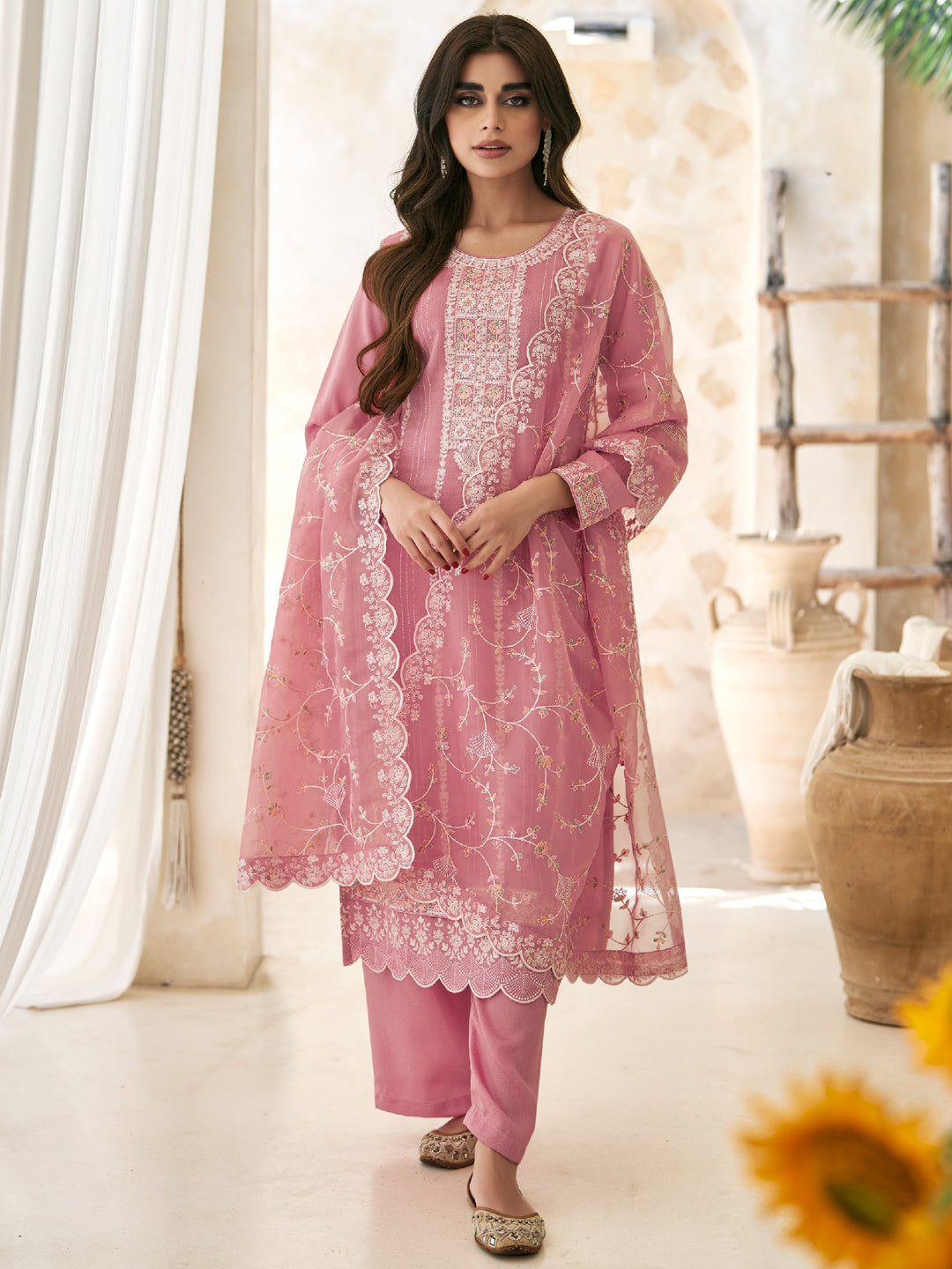 Embroidered Silk Salwar Kameez in Pink Color-81761