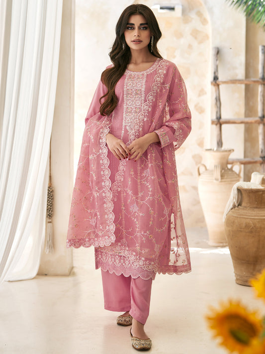 Embroidered Silk Salwar Kameez in Pink Color-81761