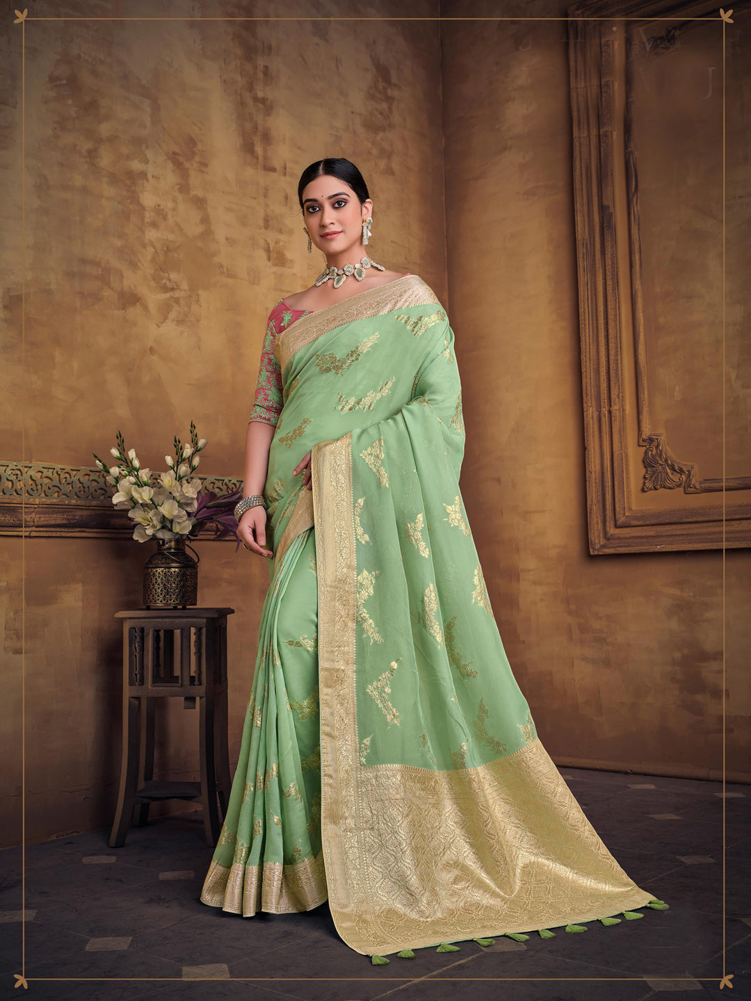 Zari Fancy Partywear South Indian wedding Saree In Green Color-81615