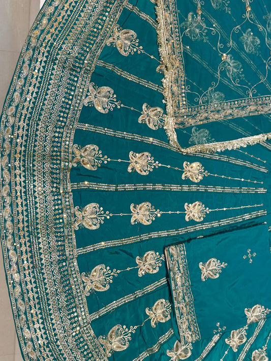 8 Meter Heavy Silk Crape Wedding Sangeet Rajputi Poshak with Jari Sequence Work-91322