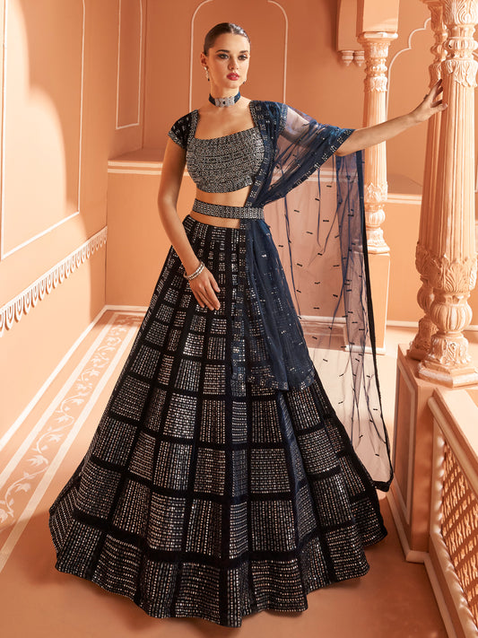 Embroidered Georgette Chinon Silk Sangeet Mehedi Lehenga in Blue Color-81528