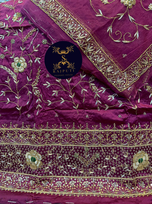 Bember Satin and Thakurgi Pure Bridal wedding Kundan dabka work Rajputi Poshak In Purple Color-81947