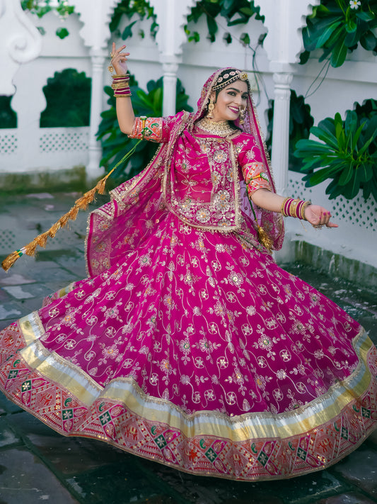 Vintage Georgette 6.5 Miter full Gher Premium quality Rajputi Poshak In Pink color-91518