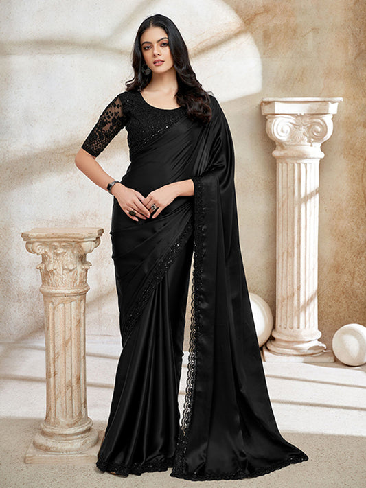 Satin Organza Wedding Partywear Saree in Black color-41057