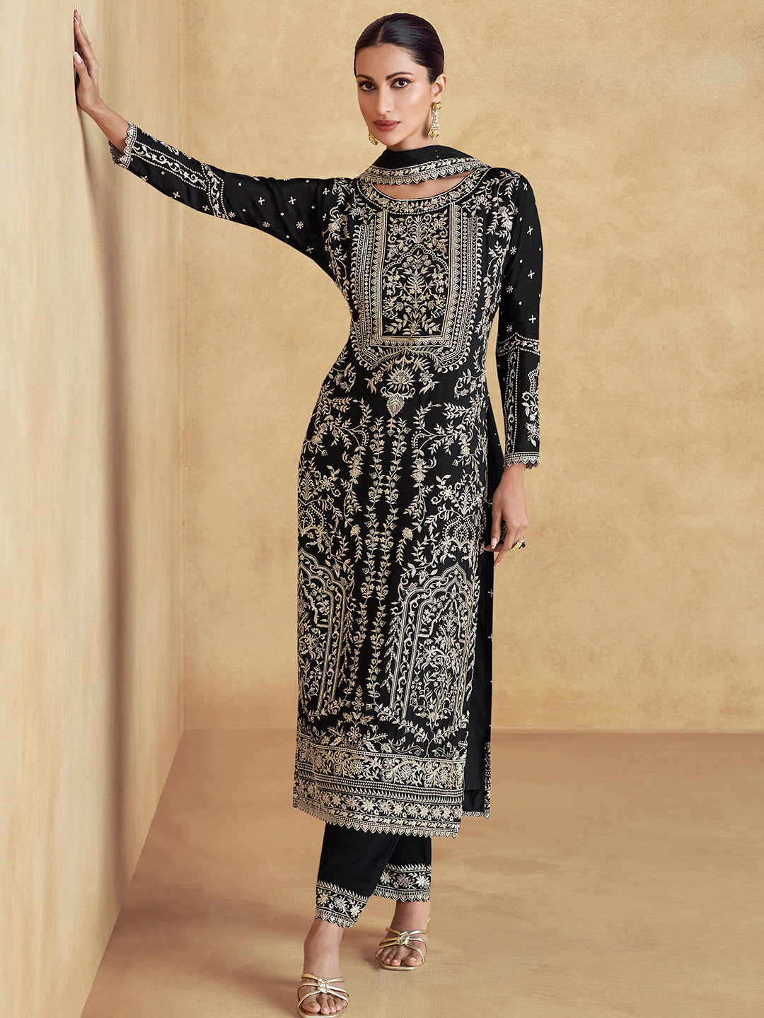Chinon Festive Readymade Salwar Kameez in Black with Zari work-750060
