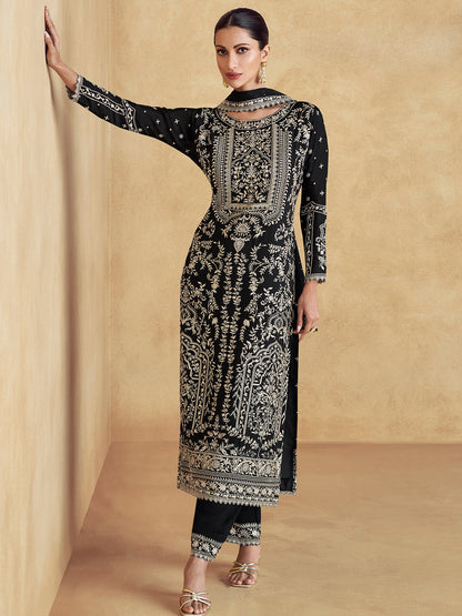 Chinon Festive Readymade Salwar Kameez in Black with Zari work-750060