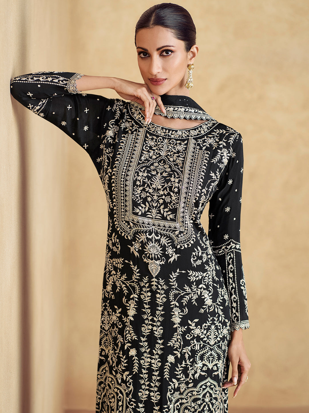 Chinon Festive Readymade Salwar Kameez in Black with Zari work-750060