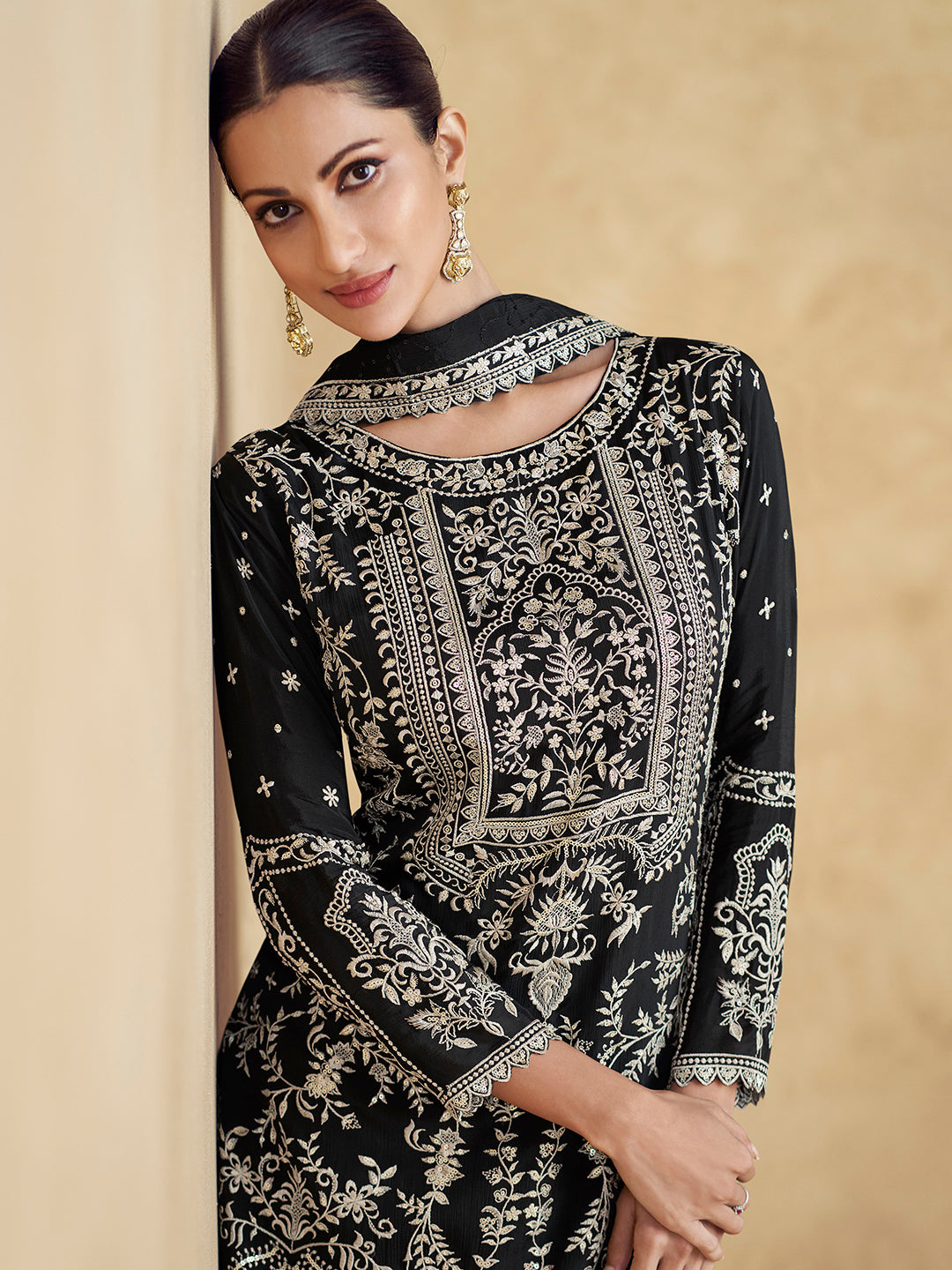 Chinon Festive Readymade Salwar Kameez in Black with Zari work-750060