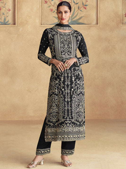 Chinon Festive Readymade Salwar Kameez in Black with Zari work-750060
