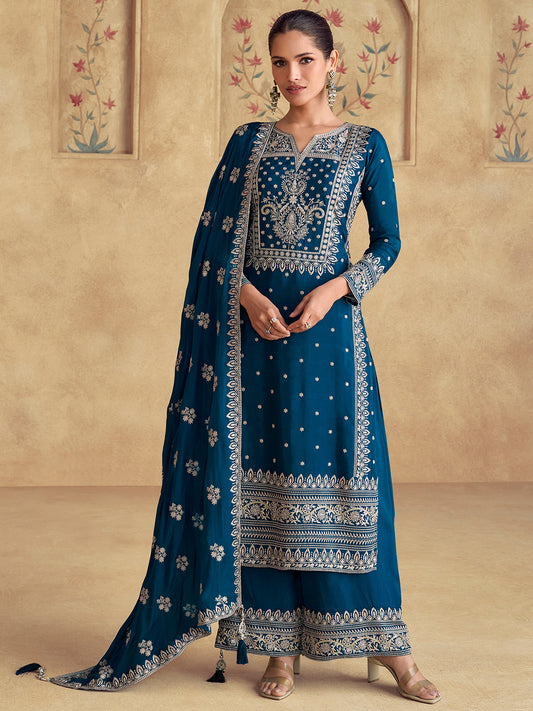 Chinon Festive Readymade Salwar Kameez in Blue with Zari work-750061