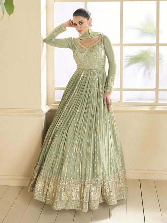 Silk Jacquard Festive Semi Stitched Gown in Green with Zari work-750062