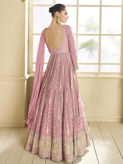 Silk Jacquard Festive Semi Stitched Gown in Pink with Zari work-750063