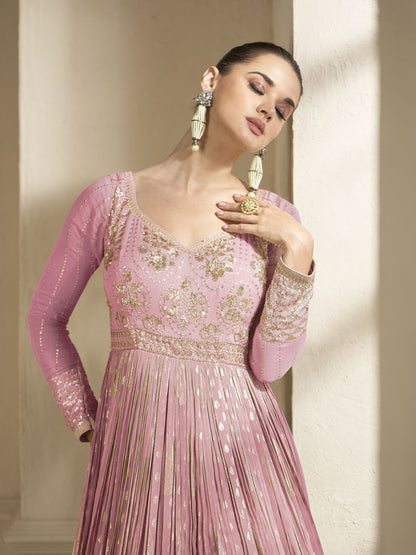 Silk Jacquard Festive Semi Stitched Gown in Pink with Zari work-750063