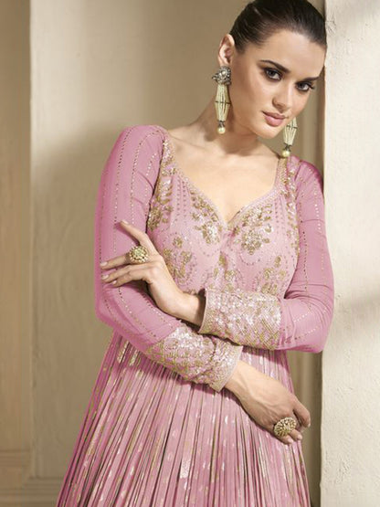 Silk Jacquard Festive Semi Stitched Gown in Pink with Zari work-750063