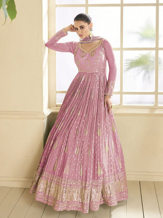 Silk Jacquard Festive Semi Stitched Gown in Pink with Zari work-750063
