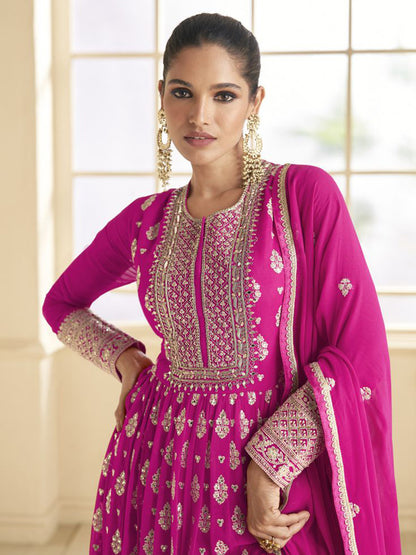 Silk Jacquard Festive Semi Stitched Gown in Pink with Zari work-750064