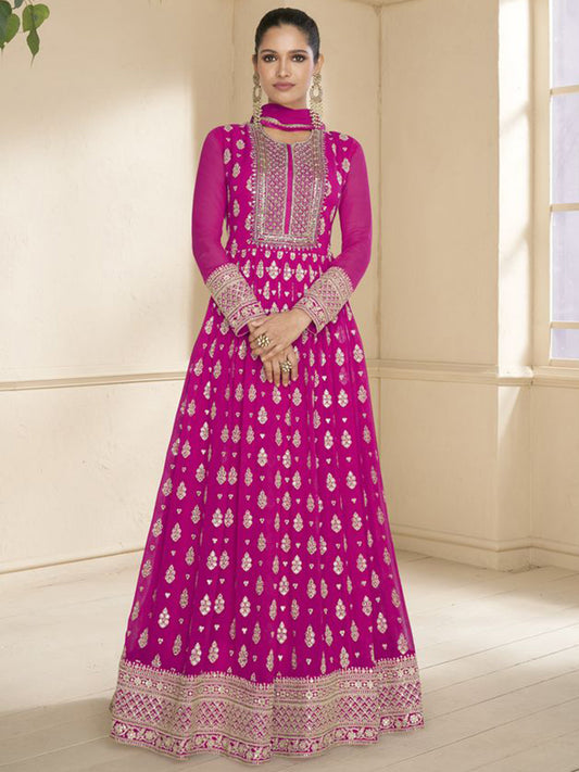 Silk Jacquard Festive Semi Stitched Gown in Pink with Zari work-750064