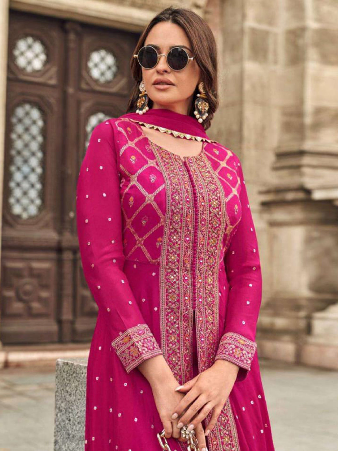 Muslin Jacquard Festive Readymade Salwar Kameez in Pink with Zari work-750047