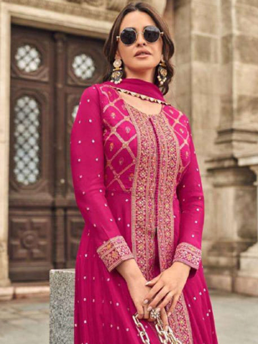 Muslin Jacquard Festive Readymade Salwar Kameez in Pink with Zari work-750047