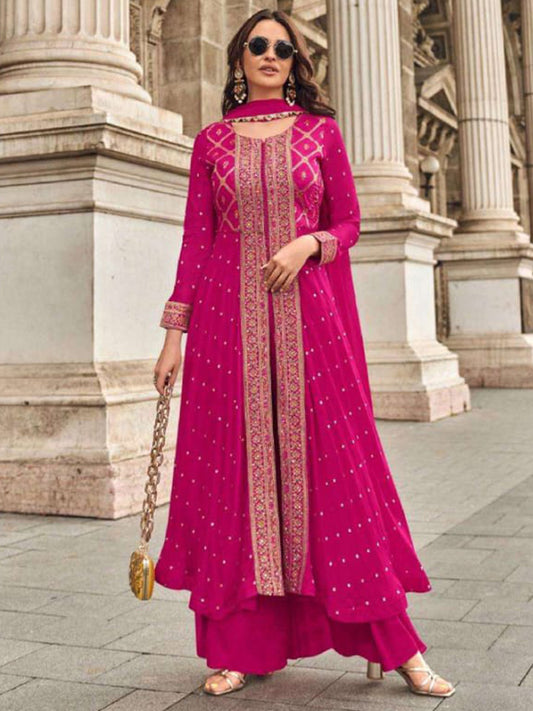 Muslin Jacquard Festive Readymade Salwar Kameez in Pink with Zari work-750047