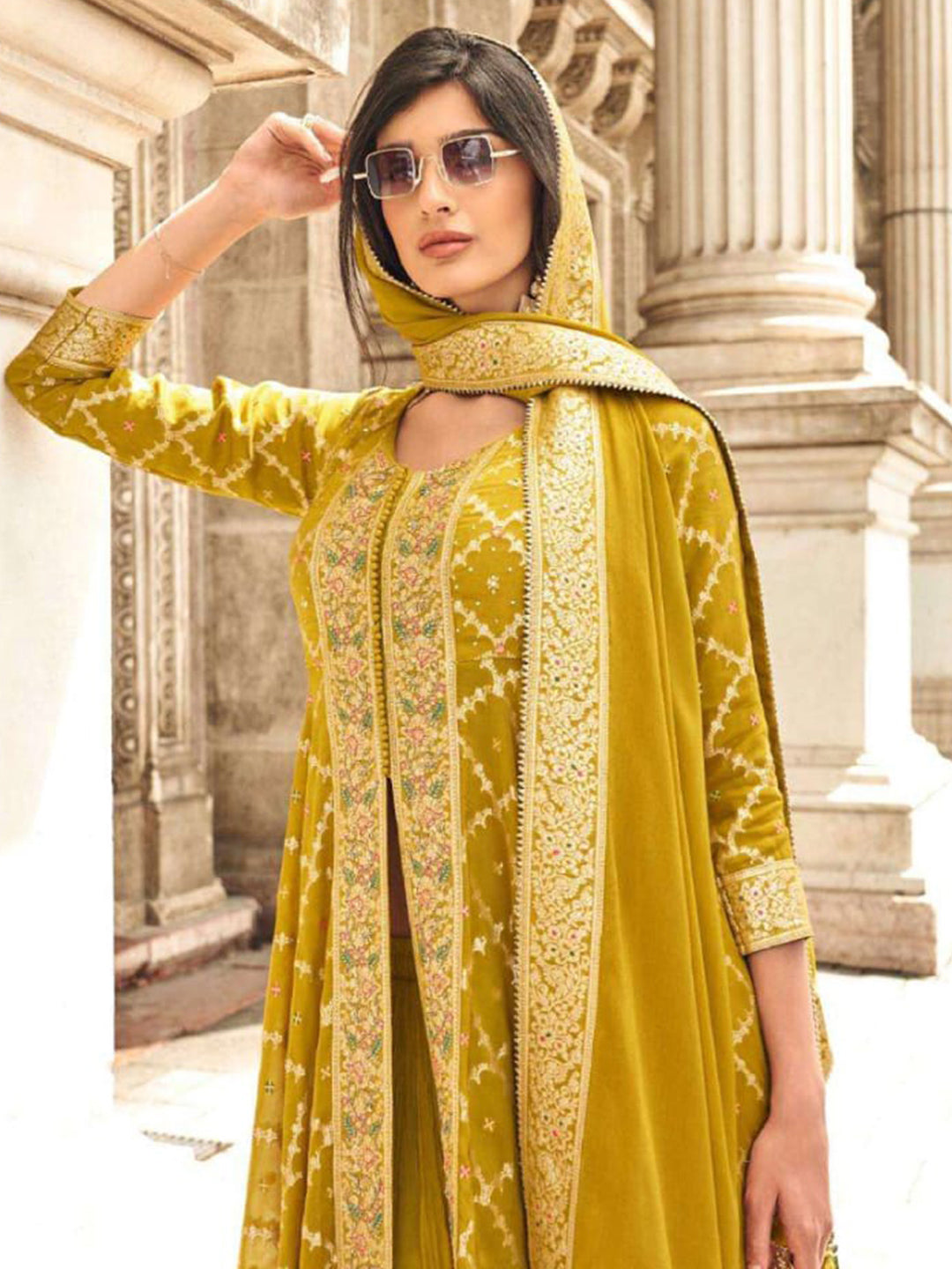 Muslin Jacquard Festive Readymade Salwar Kameez in Yellow with Zari work-750048