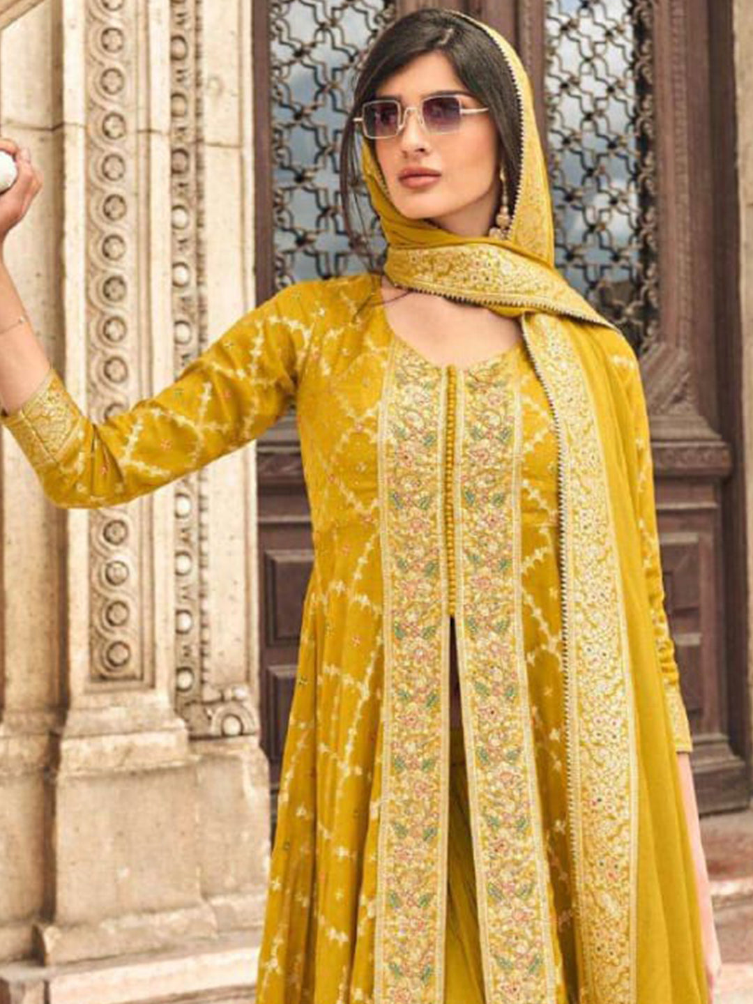 Muslin Jacquard Festive Readymade Salwar Kameez in Yellow with Zari work-750048