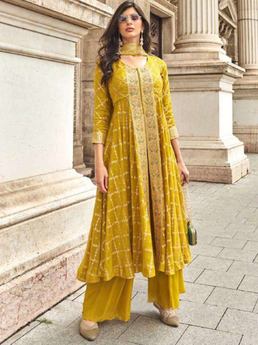Muslin Jacquard Festive Readymade Salwar Kameez in Yellow with Zari work-750048