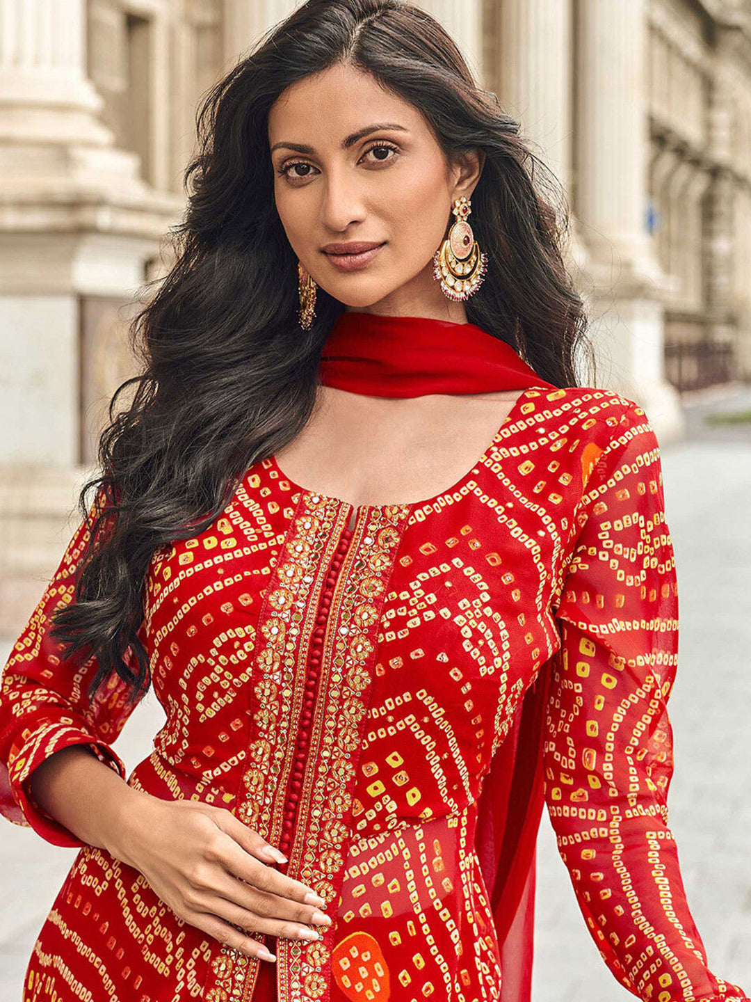 Georgette Festive Readymade Salwar Kameez in Red with Zari work-750049