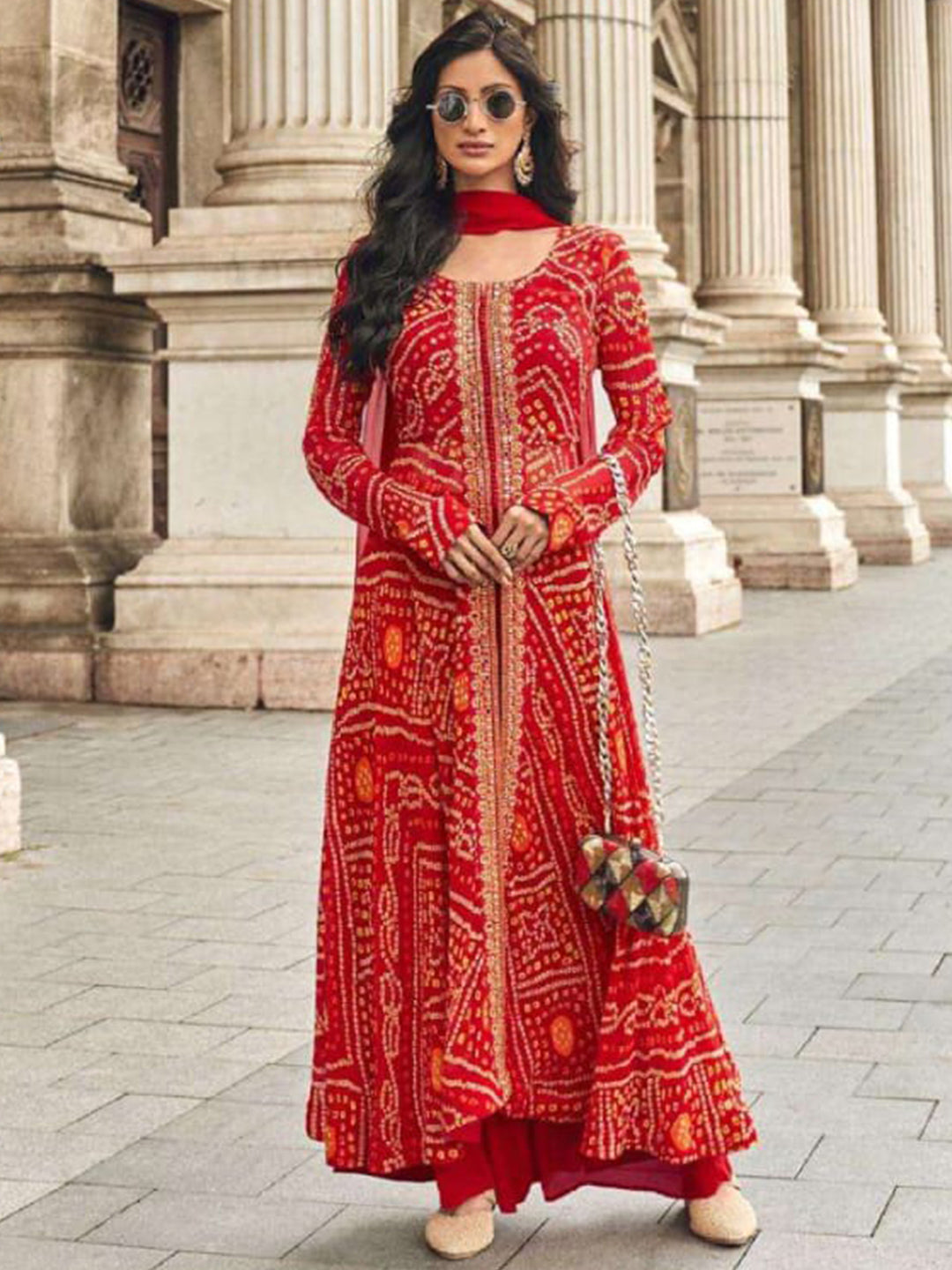 Georgette Festive Readymade Salwar Kameez in Red with Zari work-750049