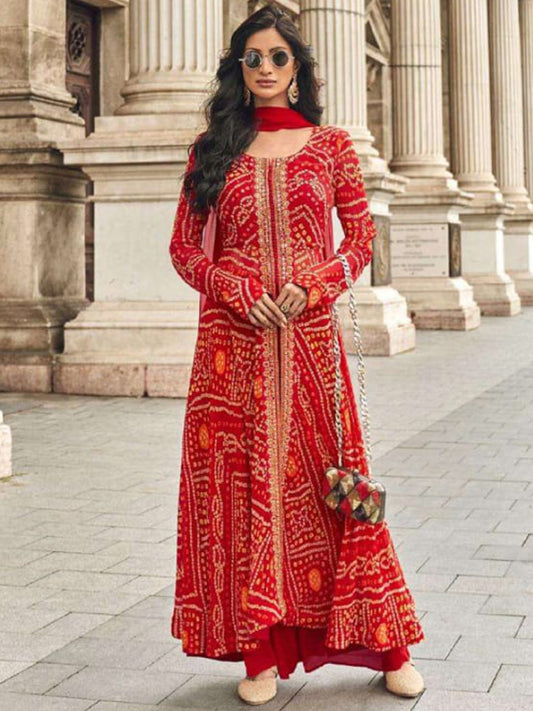 Georgette Festive Readymade Salwar Kameez in Red with Zari work-750049