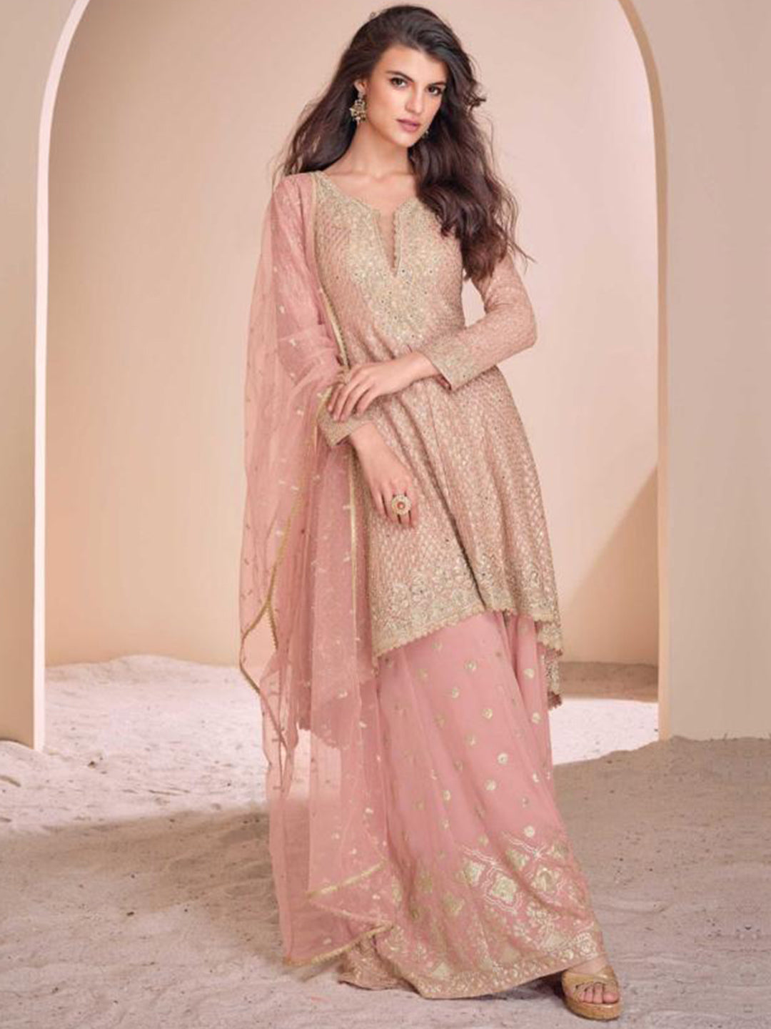 Georgette Festive Readymade Salwar Kameez in Pink with Zari work-750044
