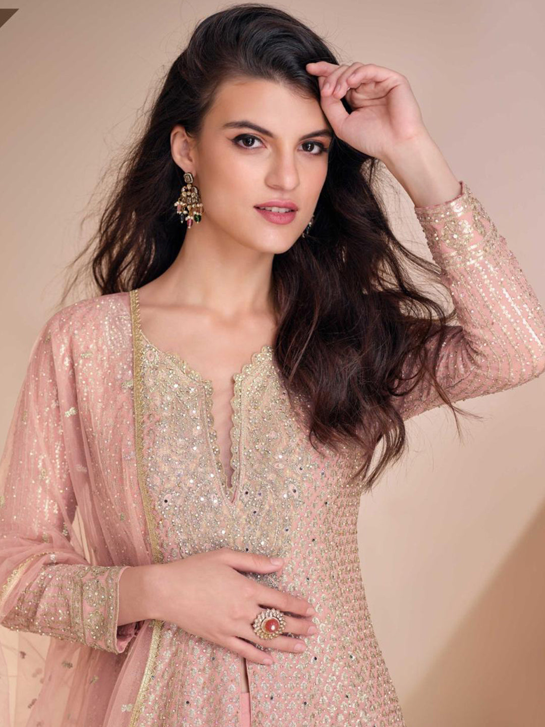 Georgette Festive Readymade Salwar Kameez in Pink with Zari work-750044